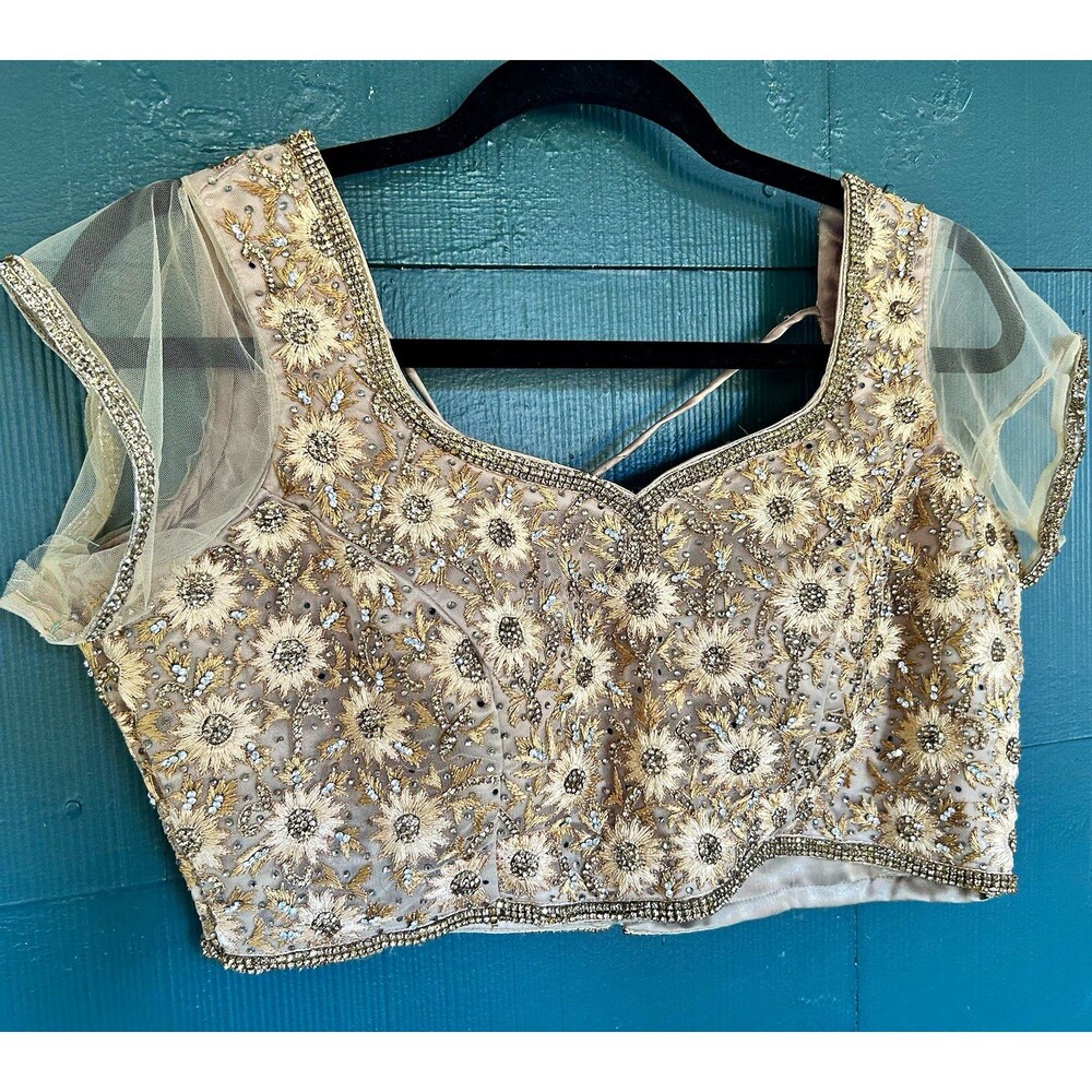 Golden Floral Embroidered Rhinestone Crop Choli Blouse Festival Renfaire Medium